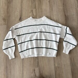 Hollister Sweater Women's Small Striped Knit Crew Neck Cropped White Boxy Casual